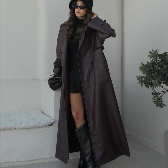 Burgundy Faux Leather Trench Coat - Picture 6 of 8